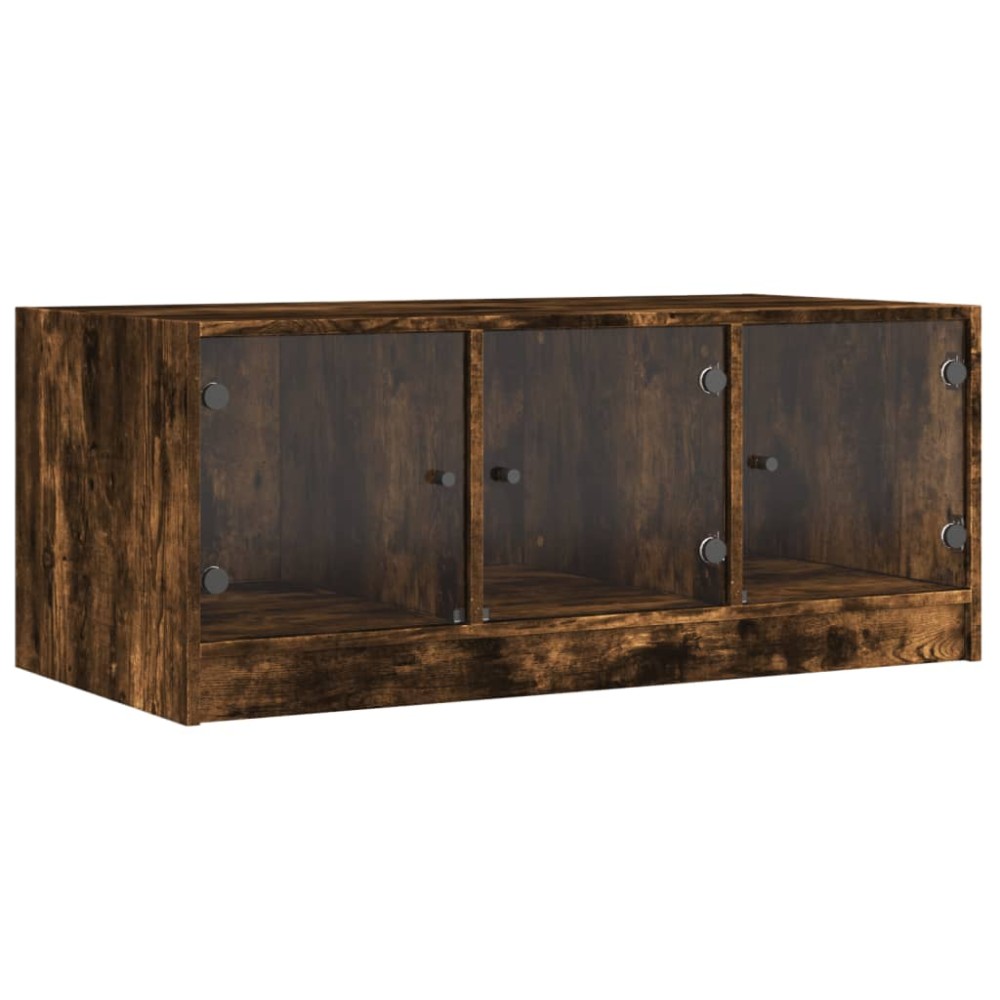 vidaXL Măsuță de cafea cu uși din sticlă, stejar fumuriu, 102x50x42 cm