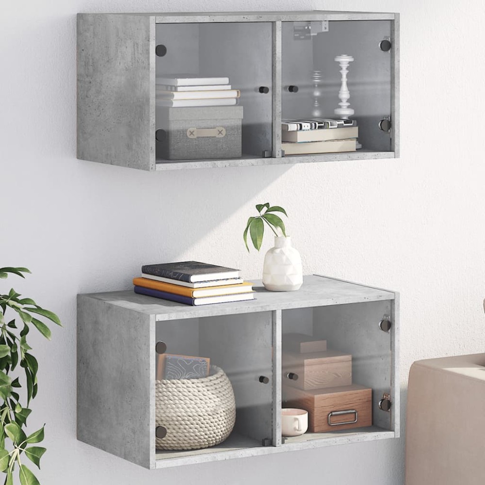 vidaXL Dulapuri de perete cu uși sticlă 2 buc. gri beton 68,5x37x35 cm