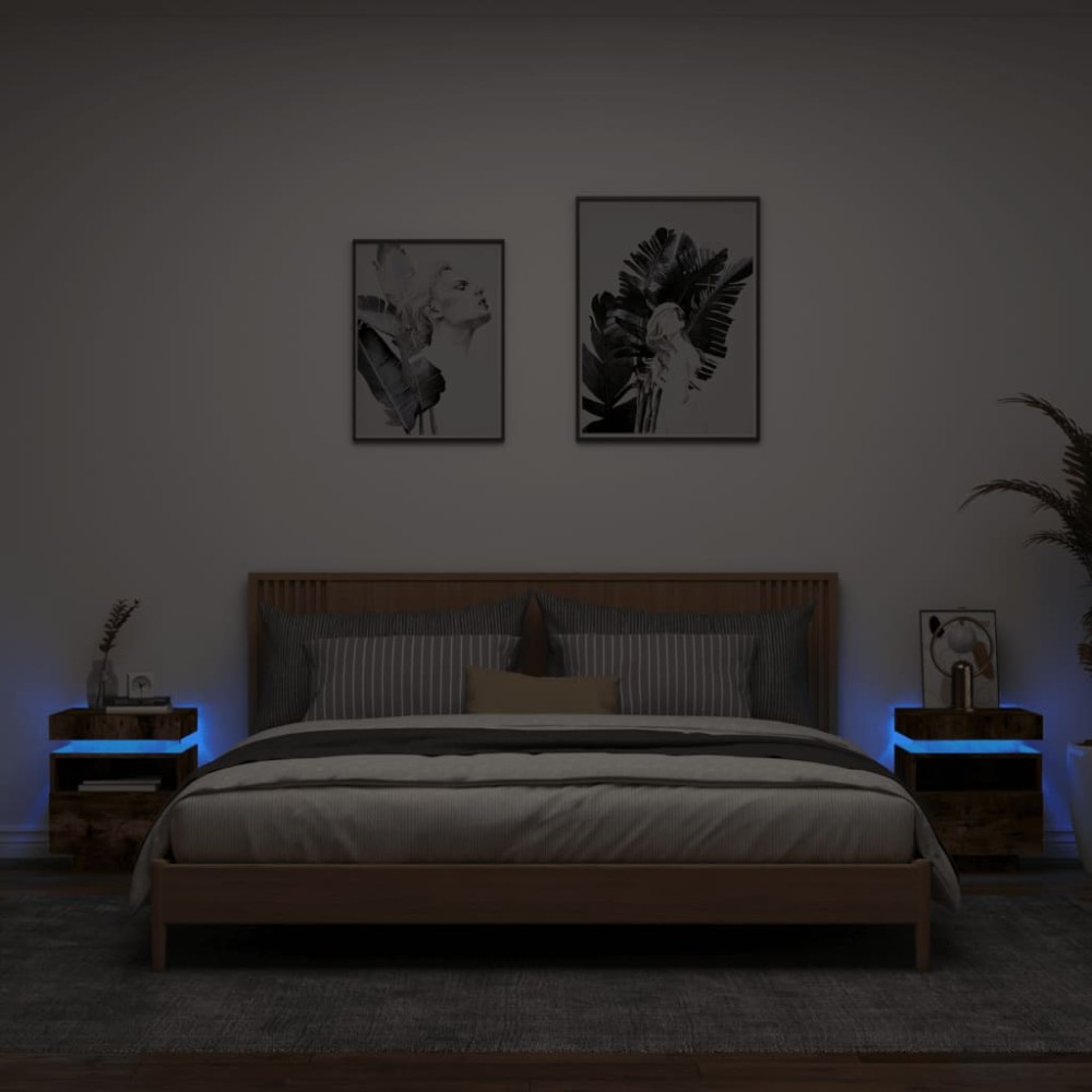 vidaXL Noptiere cu lumini LED, 2 buc., stejar fumuriu, 40x39x48,5 cm