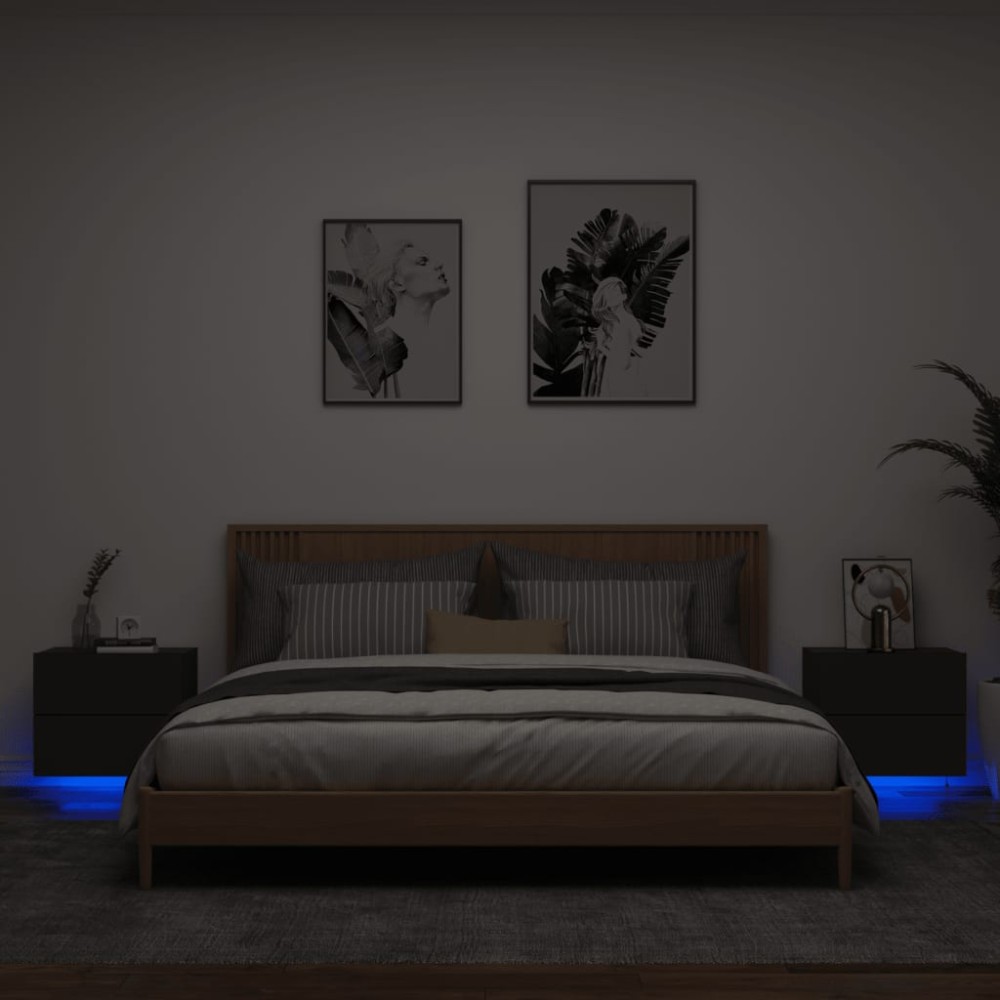 vidaXL Noptiere montate pe perete cu lumini LED, 2 buc., negru