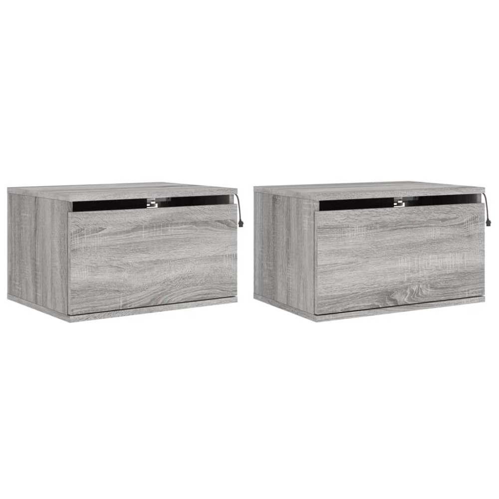vidaXL Noptiere montate pe perete cu lumini LED, 2 buc., sonoma gri