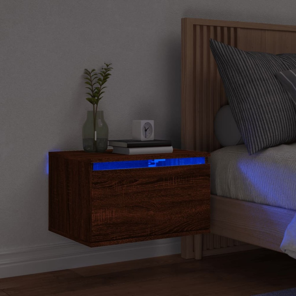 vidaXL Noptieră montată pe perete cu lumini LED, stejar maro