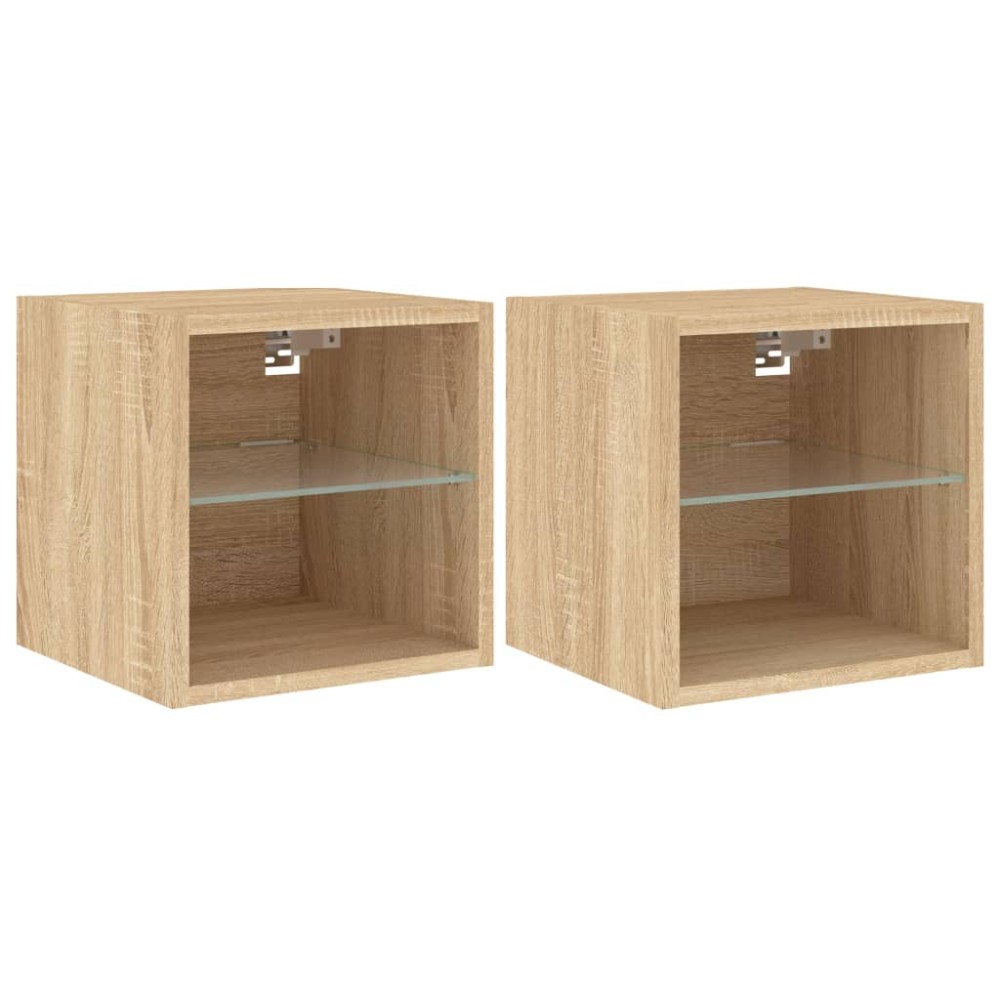 vidaXL Comode TV de perete cu lumini LED 2 buc. stejar 30x28,5x30 cm