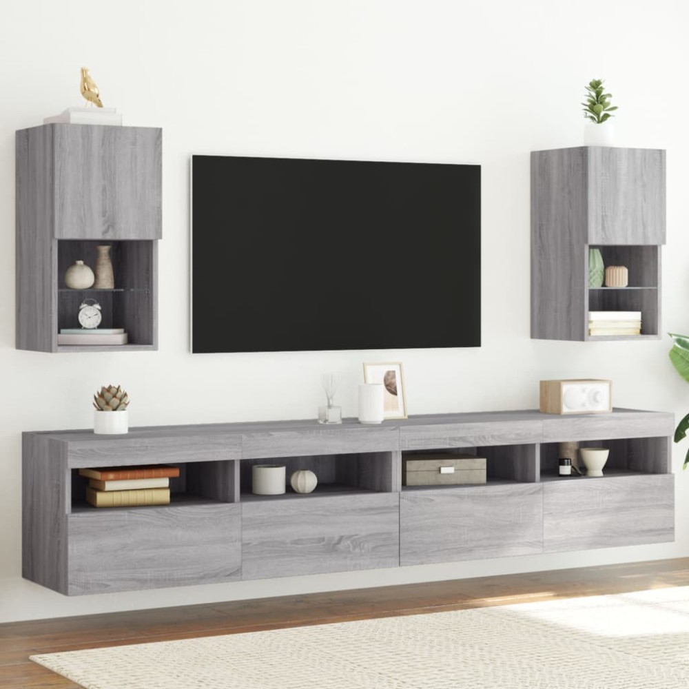 vidaXL Comode TV cu lumini LED, 2 buc., gri sonoma, 30,5x30x60 cm