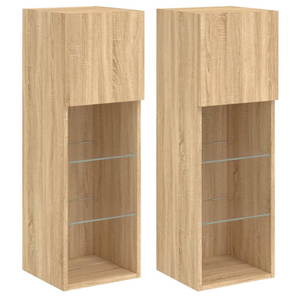vidaXL Comode TV cu lumini LED, 2 buc., stejar sonoma, 30,5x30x90 cm