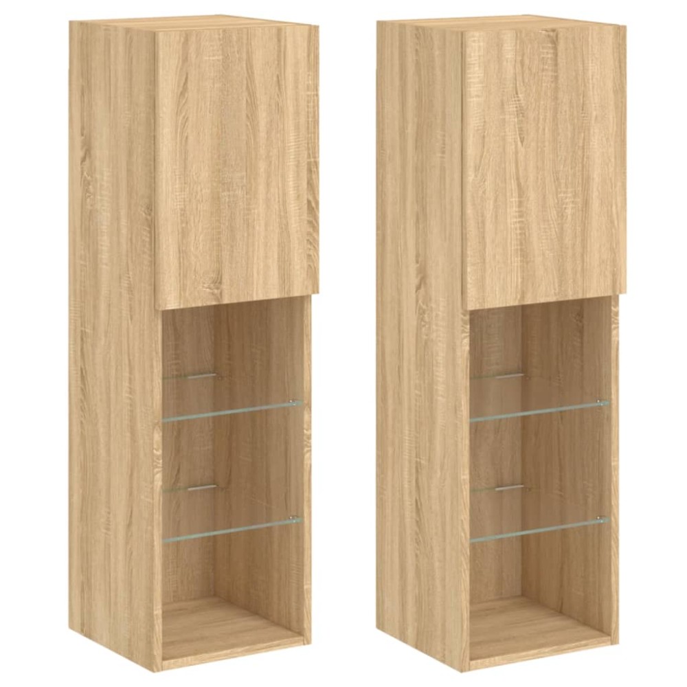 vidaXL Comode TV cu lumini LED, 2 buc., stejar sonoma, 30,5x30x102 cm