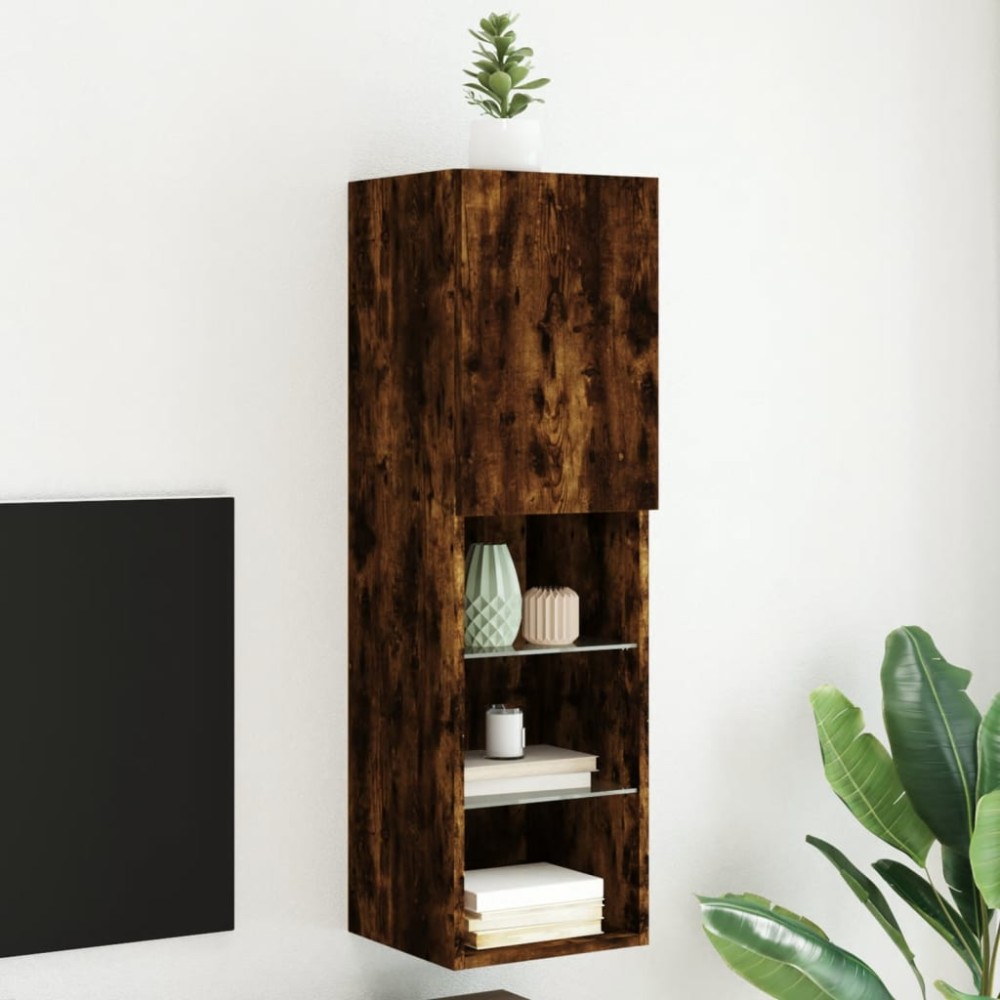 vidaXL Comodă TV cu lumini LED, stejar fumuriu, 30,5x30x102 cm