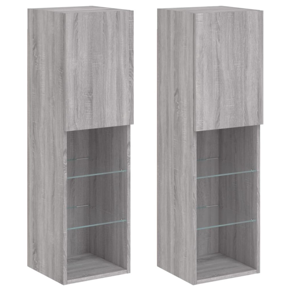vidaXL Comode TV cu lumini LED, 2 buc., gri sonoma, 30,5x30x102 cm