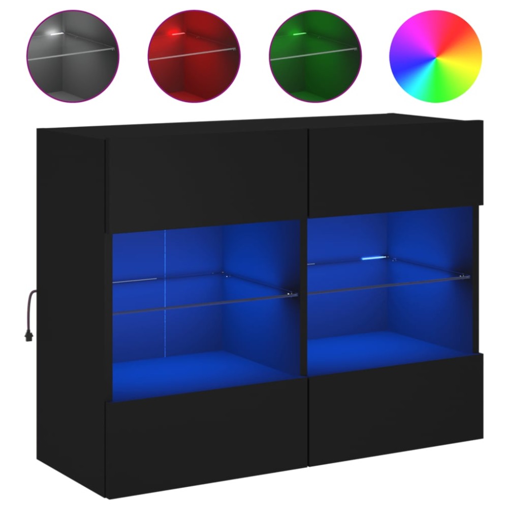 vidaXL Comodă TV de perete cu lumini LED, negru, 78,5x30x60,5 cm