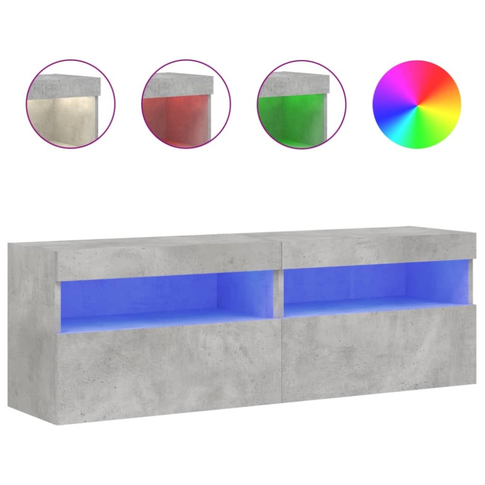 vidaXL Comode TV de perete cu lumini LED 2 buc. gri beton 60x30x40 cm