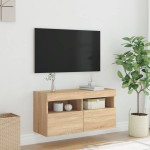 vidaXL Comodă TV de perete cu lumini LED, stejar sonoma, 80x30x40 cm vidaXL Comodă TV de perete cu lumini LED, stejar sonoma, 80x30x40 cm