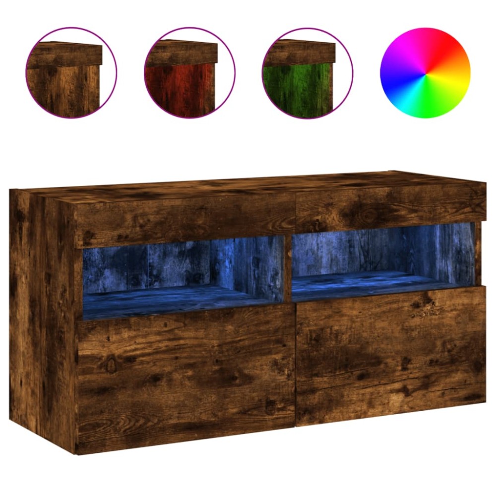 vidaXL Comodă TV de perete cu lumini LED, stejar fumuriu, 80x30x40 cm