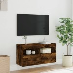 vidaXL Comodă TV de perete cu lumini LED, stejar fumuriu, 80x30x40 cm