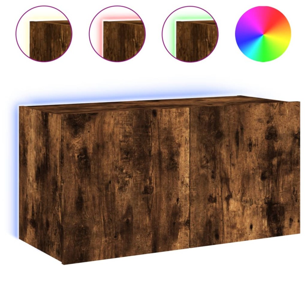 vidaXL Comodă TV de perete cu lumini LED, stejar fumuriu, 80x35x41 cm