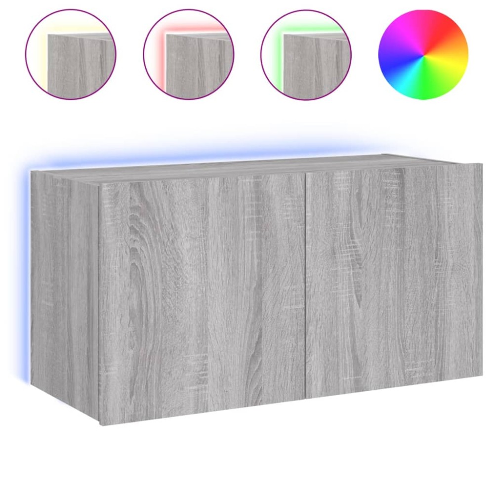 vidaXL Comodă TV de perete cu lumini LED, gri sonoma, 80x35x41 cm