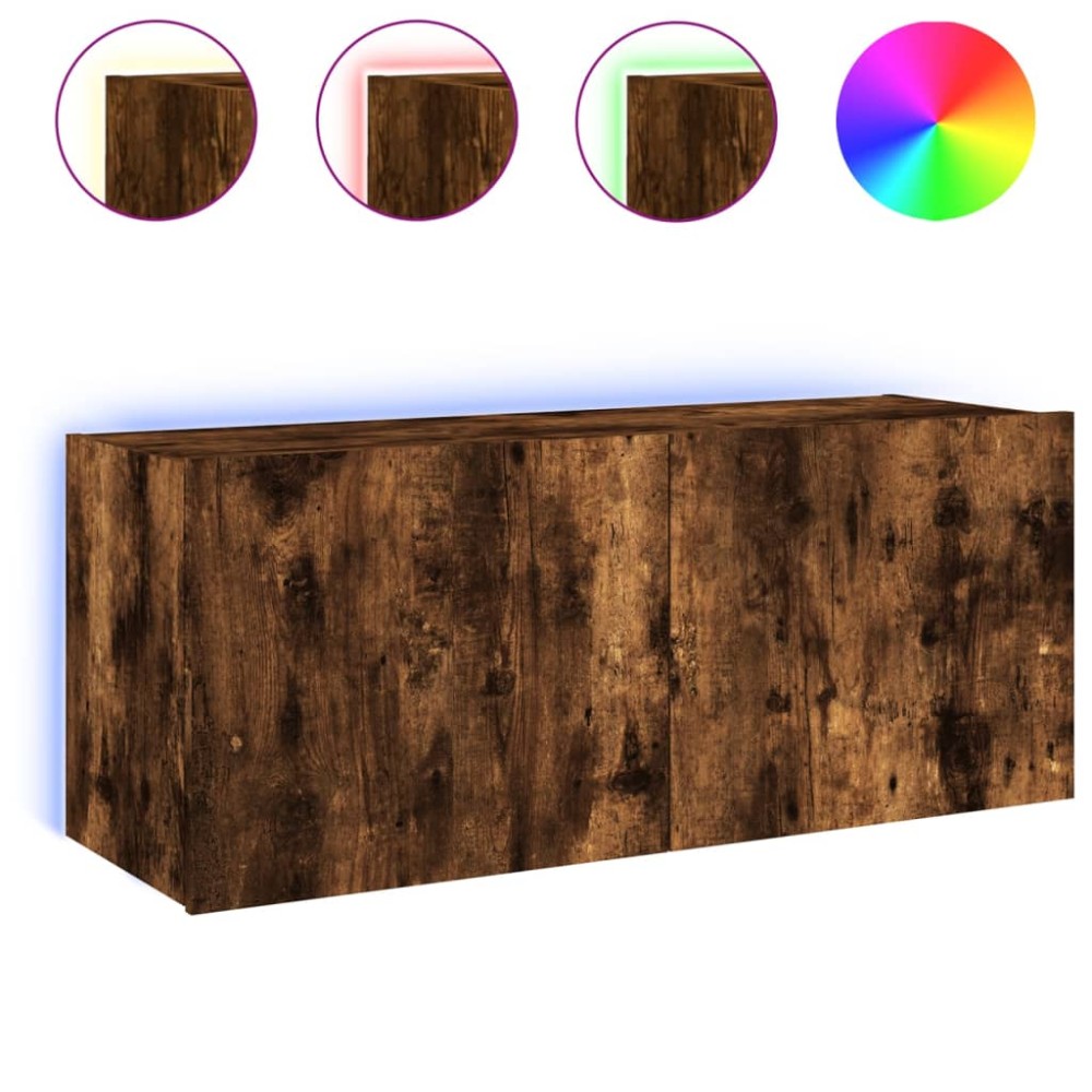 vidaXL Comodă TV de perete cu lumini LED, stejar fumuriu, 100x35x41 cm