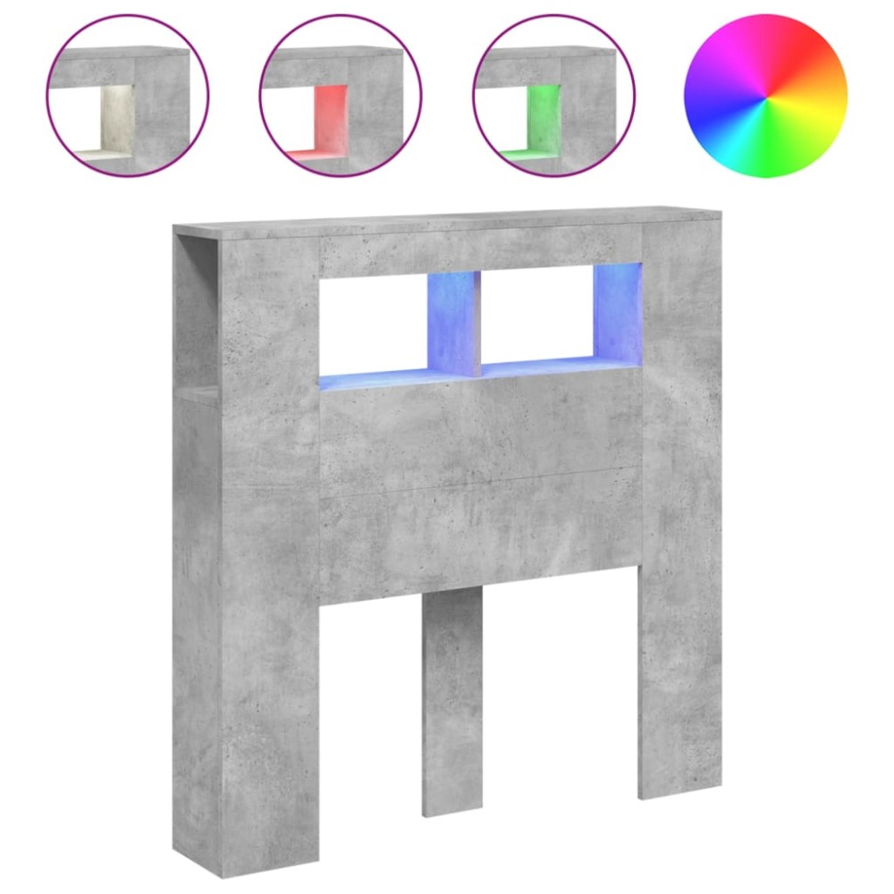 vidaXL Tăblie de pat cu LED, gri beton, 100x18,5x103,5 cm, lemn