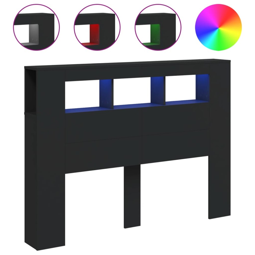 vidaXL Tăblie de pat cu LED, negru, 140x18,5x103,5 cm, lemn