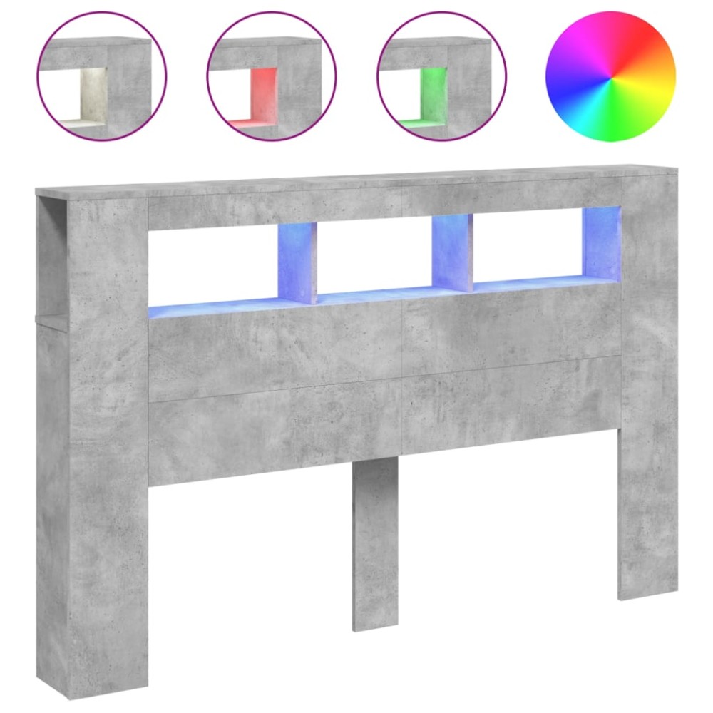 vidaXL Tăblie de pat cu LED, gri beton, 160x18,5x103,5 cm, lemn