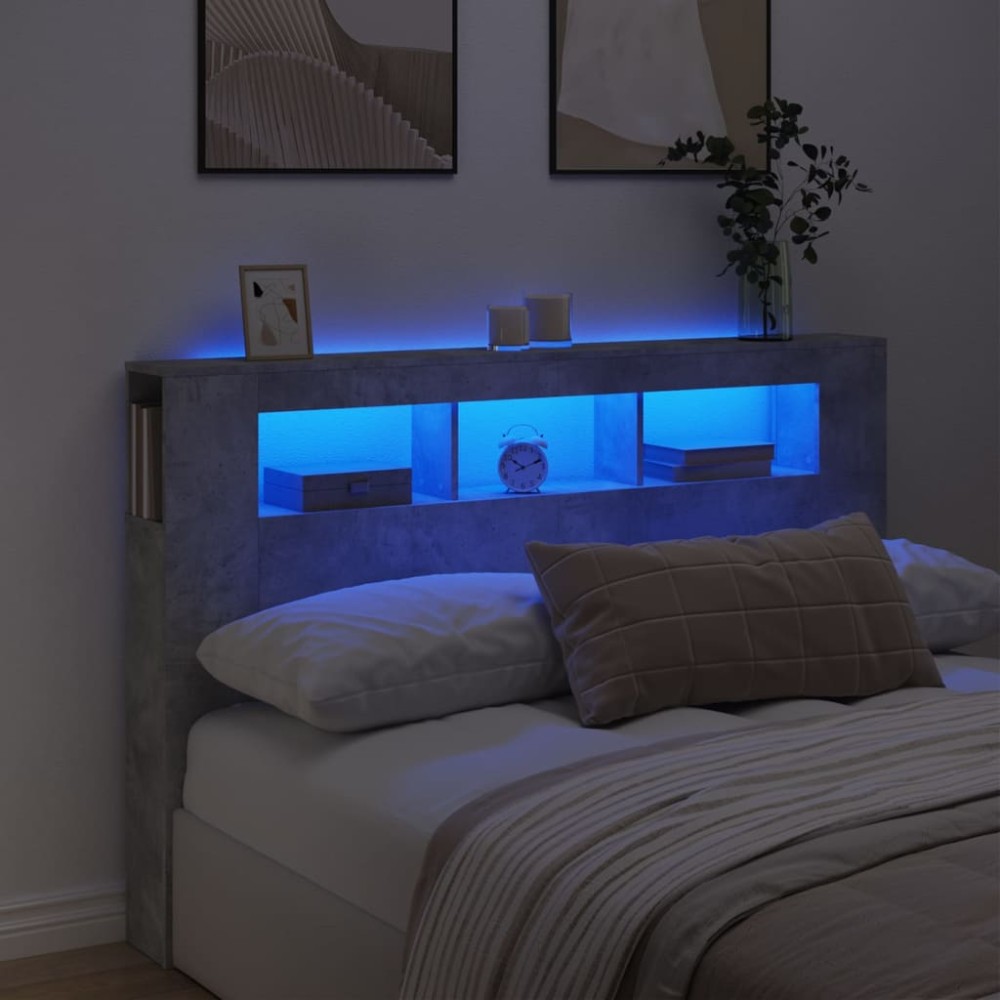 vidaXL Tăblie de pat cu LED, gri beton, 160x18,5x103,5 cm, lemn