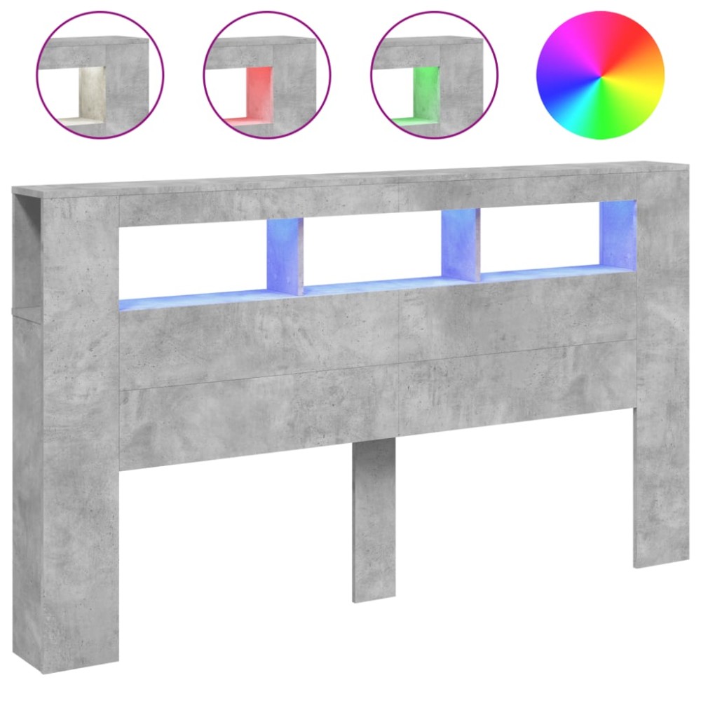 vidaXL Tăblie de pat cu LED, gri beton, 180x18,5x103,5 cm, lemn