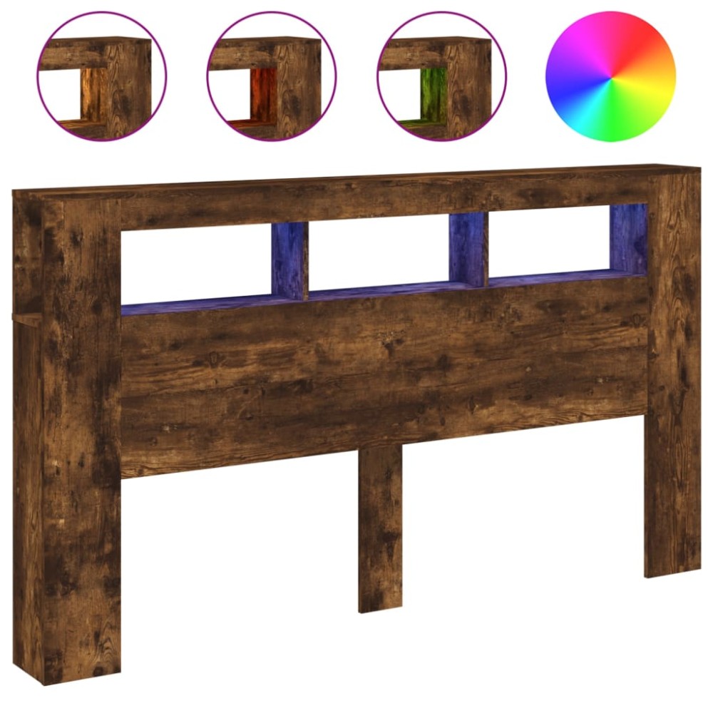 vidaXL Tăblie de pat cu LED, stejar fumuriu, 180x18,5x103,5 cm, lemn
