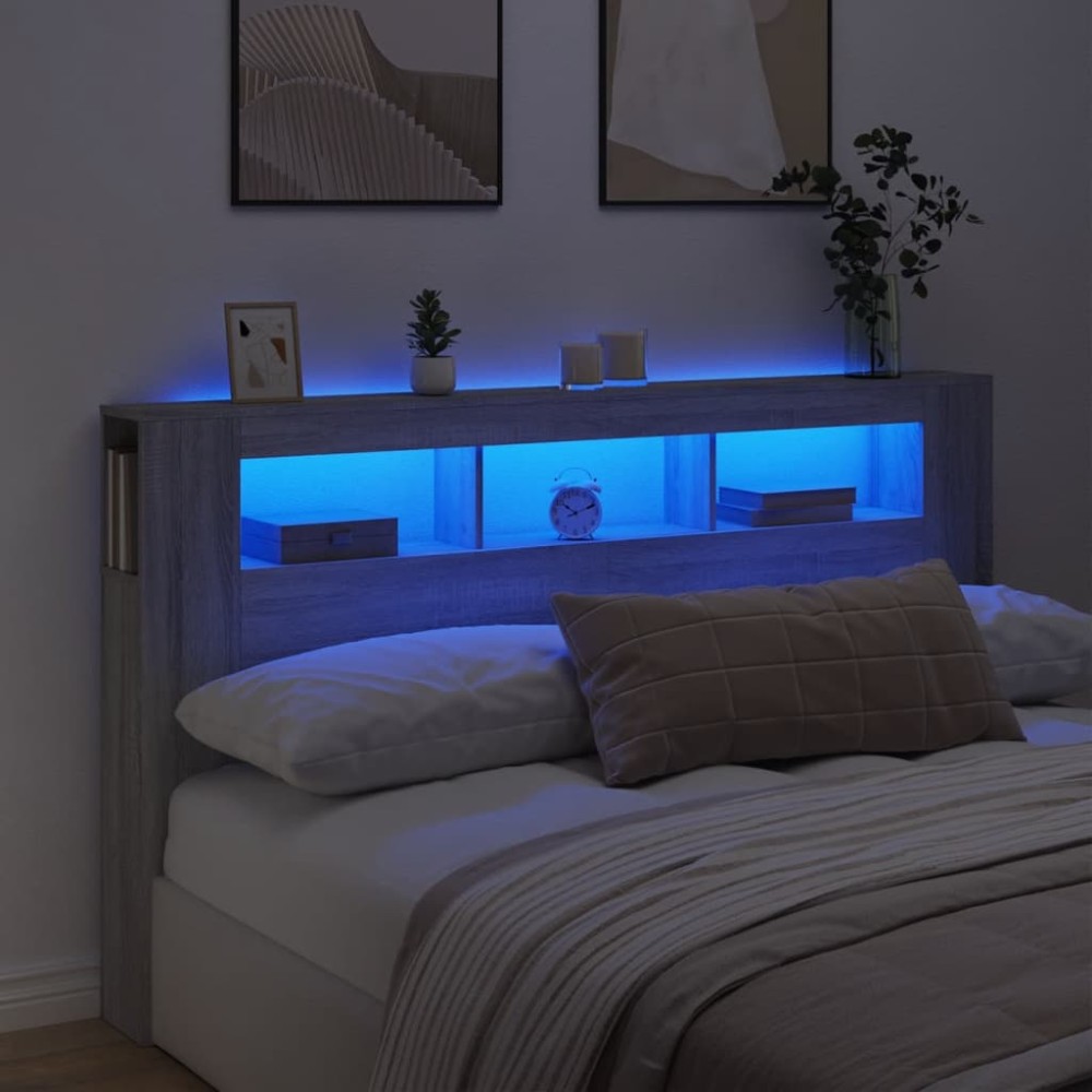 vidaXL Tăblie de pat cu LED, gri sonoma, 160x18,5x103,5 cm, lemn