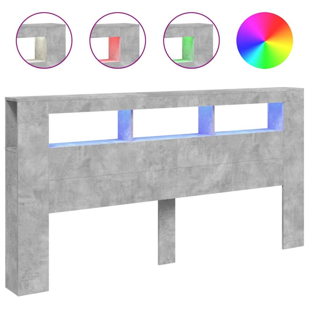 vidaXL Tăblie de pat cu LED, gri beton, 200x18,5x103,5 cm, lemn