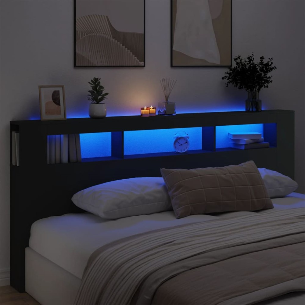 vidaXL Tăblie de pat cu LED, negru, 220x18,5x103,5 cm, lemn