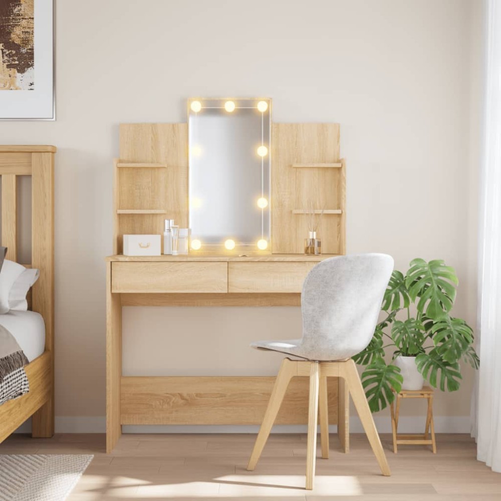 vidaXL Masă de toaletă cu LED-uri, stejar sonoma, 96x40x142 cm