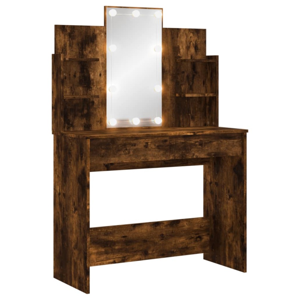 vidaXL Masă de toaletă cu LED-uri, stejar fumuriu, 96x40x142 cm