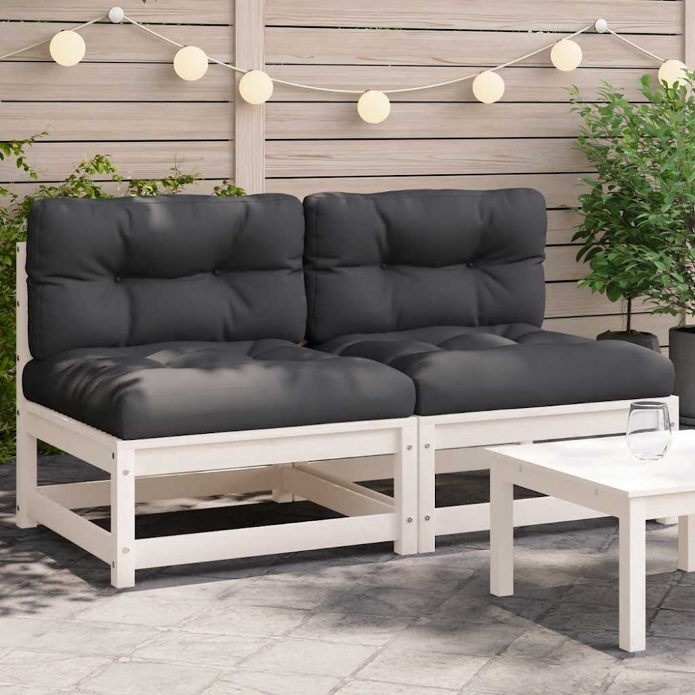 vidaXL Canapele de grădină fără cotiere, cu perne, 2 buc., alb