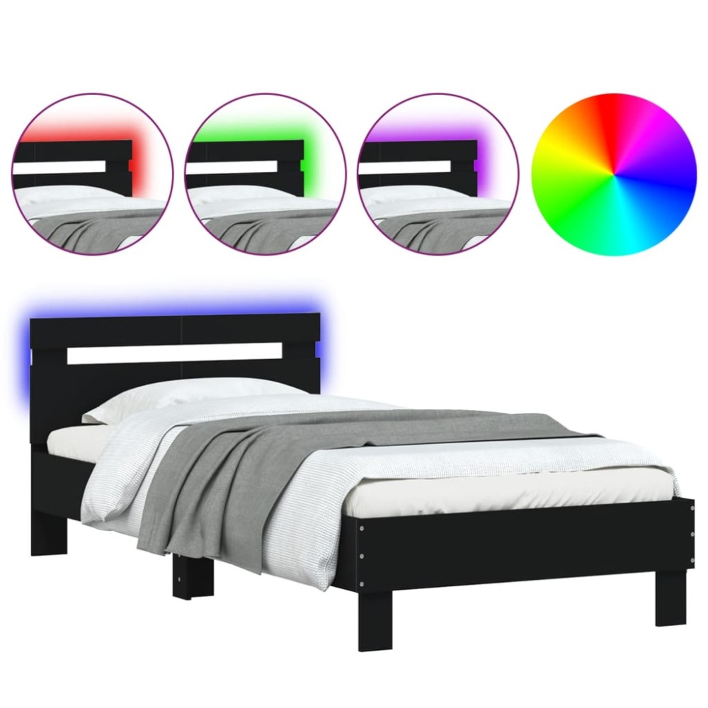 vidaXL Cadru de pat cu tăblie și lumini LED, negru, 100x200 cm