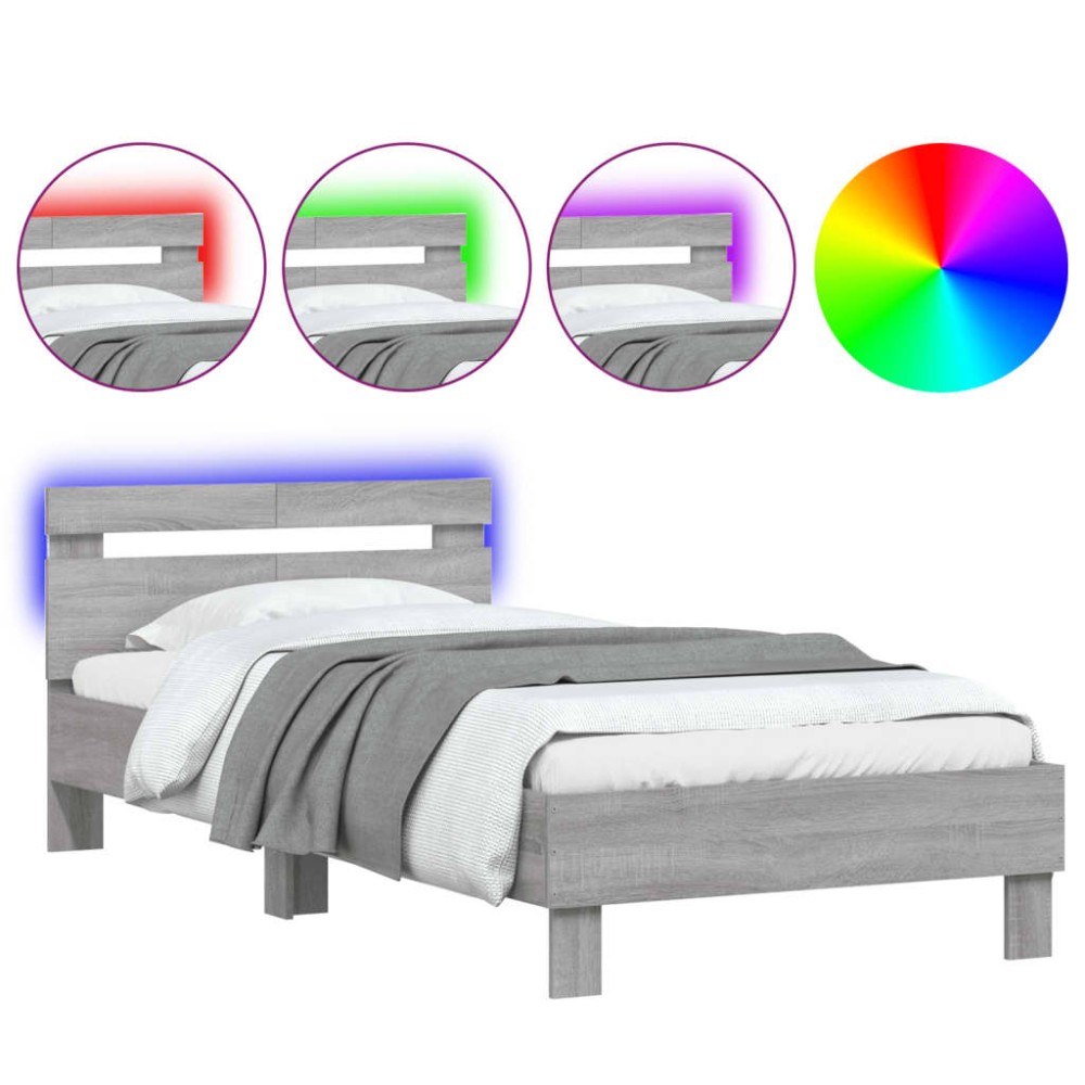 vidaXL Cadru de pat cu tăblie și lumini LED, gri sonoma, 100x200 cm
