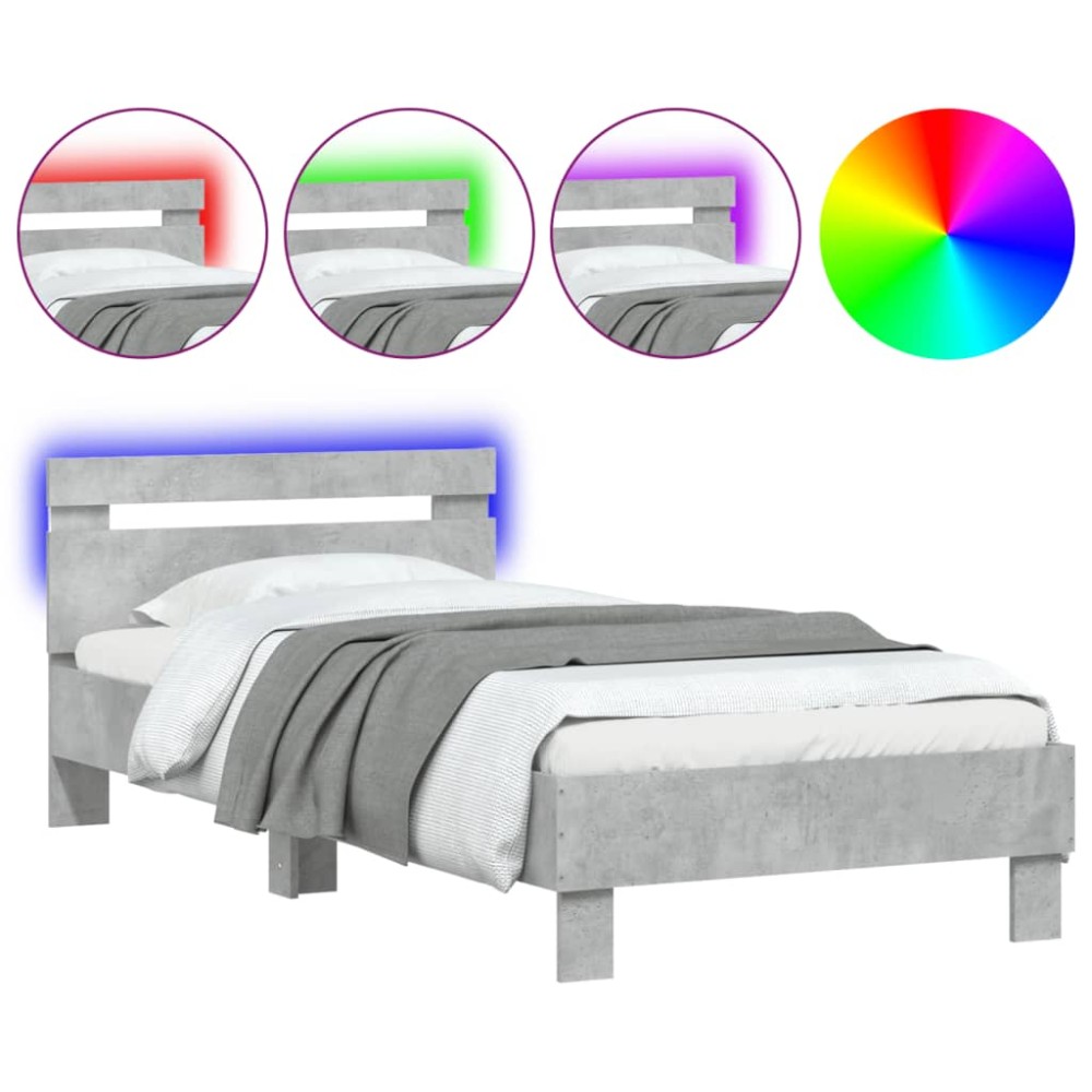 vidaXL Cadru de pat cu tăblie și lumini LED, gri beton, 90x200 cm