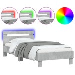 vidaXL Cadru de pat cu tăblie și lumini LED, gri beton, 90x200 cm