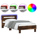 vidaXL Cadru de pat cu tăblie și LED, stejar fumuriu, 90x200 cm vidaXL Cadru de pat cu tăblie și LED, stejar fumuriu, 90x200 cm