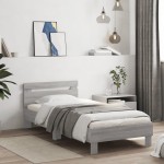 vidaXL Cadru de pat cu tăblie și lumini LED, gri sonoma, 90x200 cm