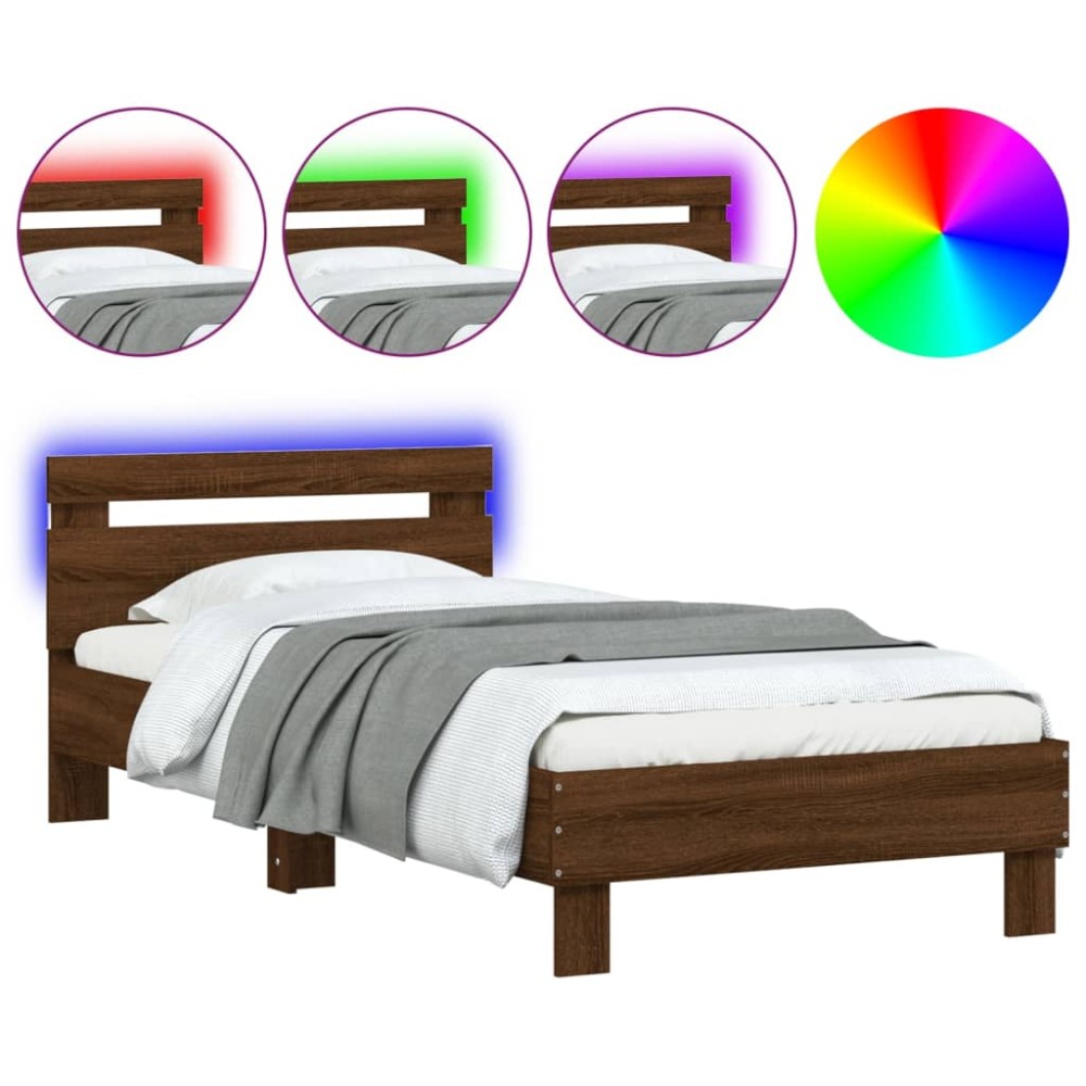vidaXL Cadru de pat cu tăblie și lumini LED, stejar maro, 90x200 cm