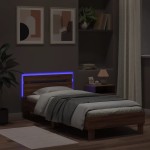 vidaXL Cadru de pat cu tăblie și lumini LED, stejar maro, 90x200 cm