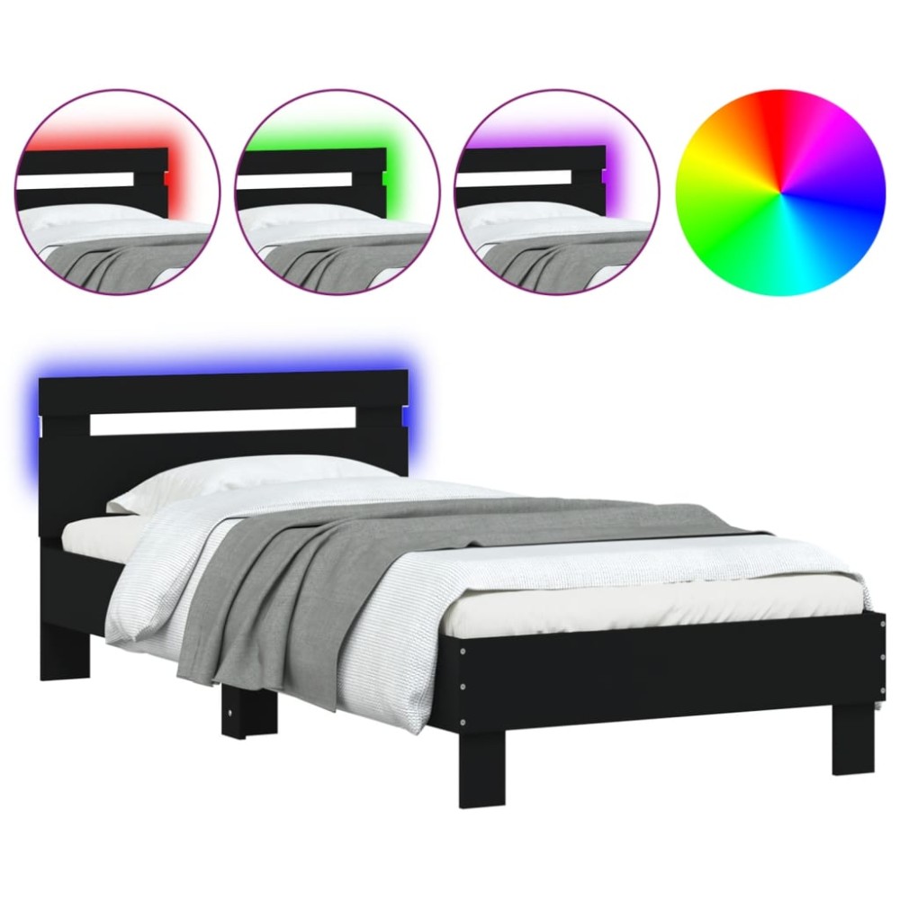 vidaXL Cadru de pat cu tăblie și lumini LED, negru, 90x190 cm
