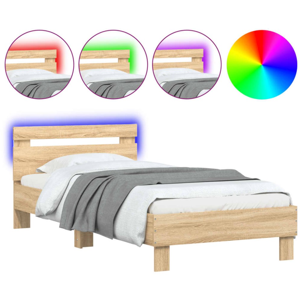vidaXL Cadru de pat cu tăblie și lumini LED, stejar sonoma, 90x190 cm