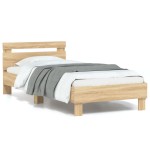 vidaXL Cadru de pat cu tăblie și lumini LED, stejar sonoma, 90x190 cm vidaXL Cadru de pat cu tăblie și lumini LED, stejar sonoma, 90x190 cm