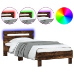 vidaXL Cadru de pat cu tăblie și lumini LED, stejar fumuriu, 90x190 cm