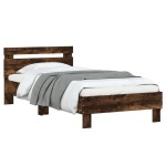 vidaXL Cadru de pat cu tăblie și lumini LED, stejar fumuriu, 90x190 cm