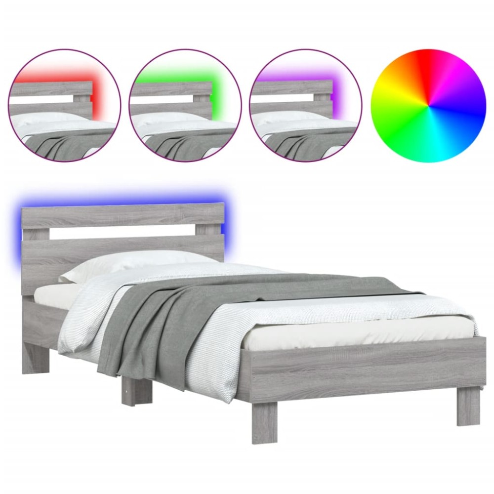 vidaXL Cadru de pat cu tăblie și lumini LED, gri sonoma, 90x190 cm