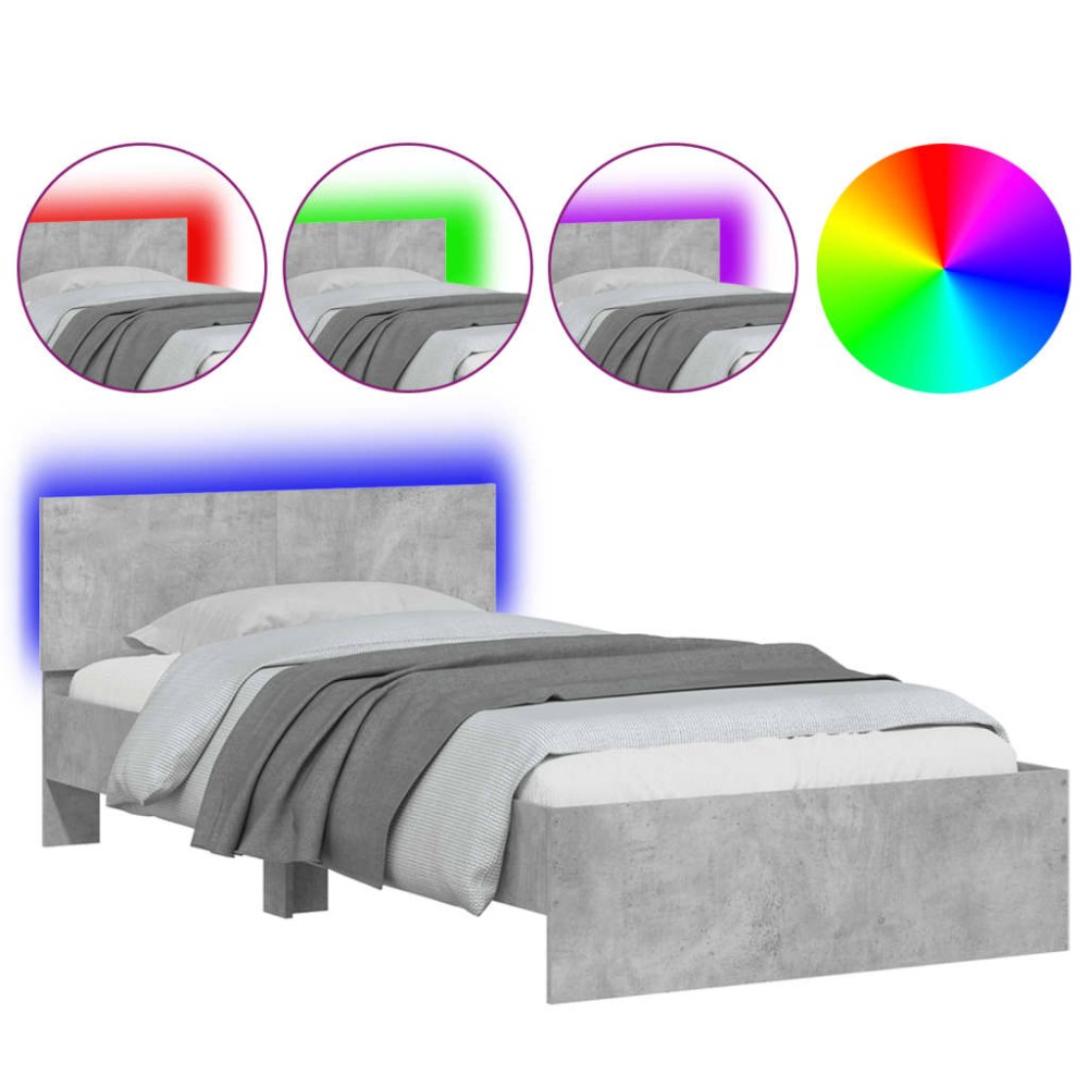 vidaXL Cadru de pat cu tăblie și lumini LED, gri beton, 100x200 cm
