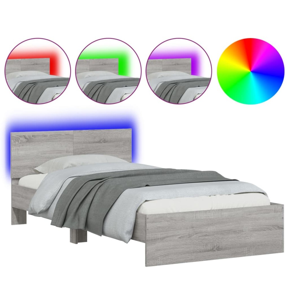 vidaXL Cadru de pat cu tăblie și lumini LED, gri sonoma, 100x200 cm