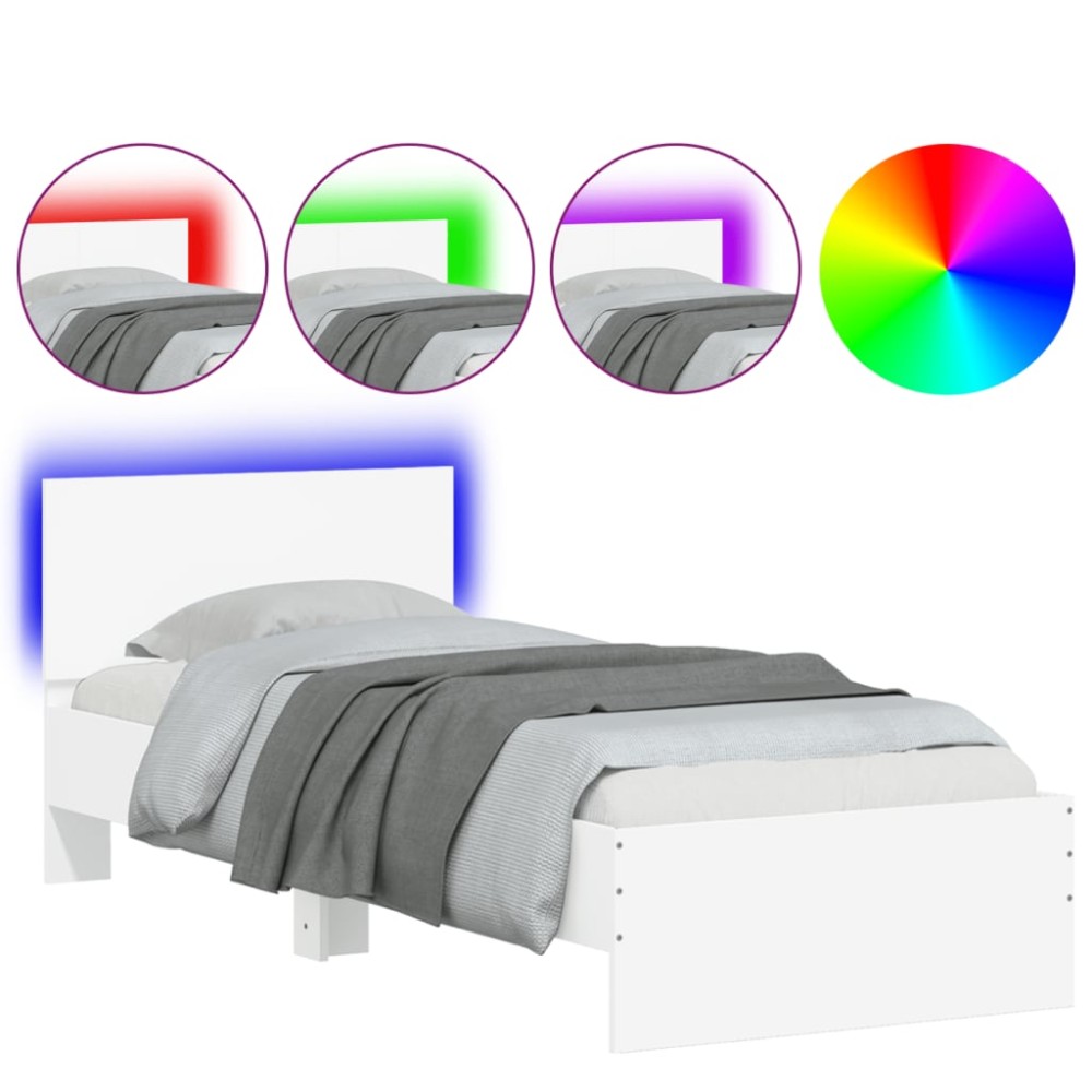 vidaXL Cadru de pat cu tăblie și lumini LED, alb, 90x200 cm