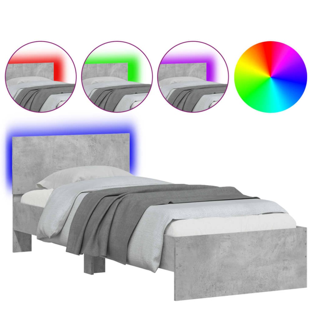 vidaXL Cadru de pat cu tăblie și lumini LED, gri beton, 90x200 cm